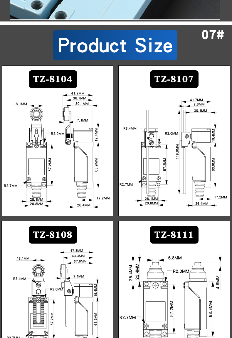 Yizhi TZ-8104/8108 Travel Switch Micro Miniature Industrial Waterproof Self-Reset Limit Switch IP65 220V 1NO1NC IK09 Touch Flame