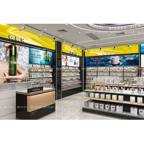 Diseño de tienda de cosméticos, estantería negra y dorada para perfumes, muebles de exhibición minorista, diseño de tienda que ahorra espacio