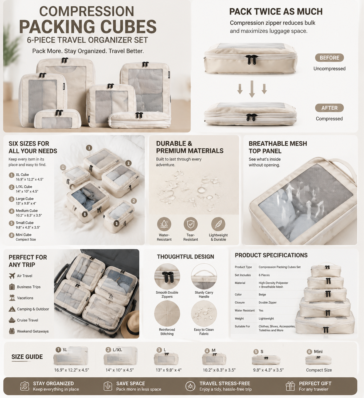 Compression Packing Cubes for Travel, 6-Piece Luggage Organizer Set with Expandable Storage Bags, Space Saving Travel Packing Cubes for Suitcases, Beige