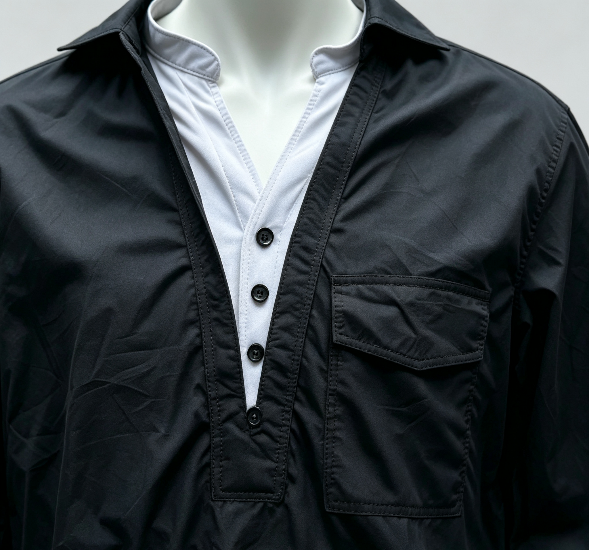 Fake Two Tone Contrast Collar Long Sleeve Shirt, Black White Half Placket Casual Men’s Pocket Shirt