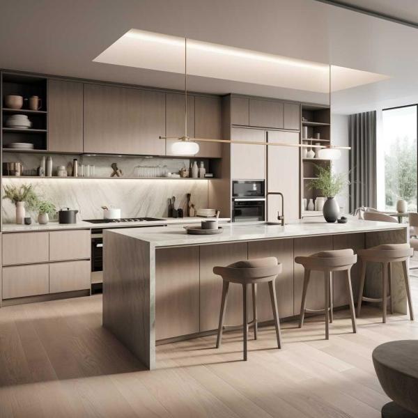 New Kitchen Cabinet Swashed Oak Flat Panel Kitchen with Island Customized Color Solid Wood Veneer Style Kitchen Cabinet