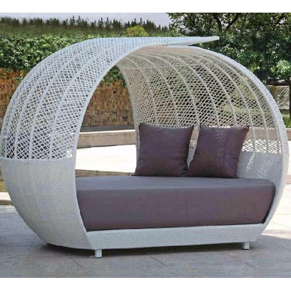 Apartment Outdoor Wicker Rattan Beach Day Bed with Canopy Double Function