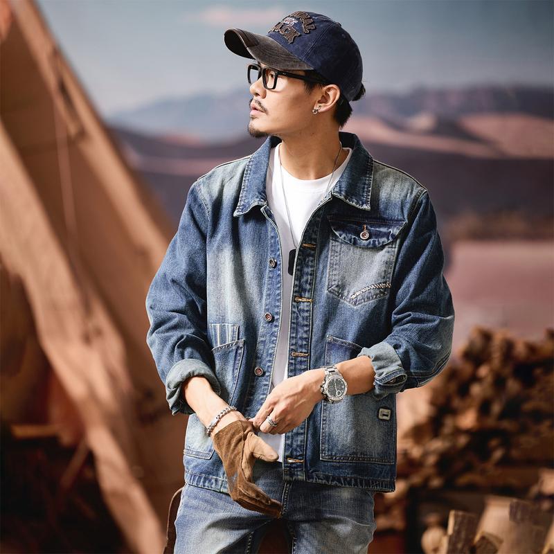 Blue Daily Fabric Hem mens denim jacket wholesale Stone Wash Long Sleeve Custom (JK529)