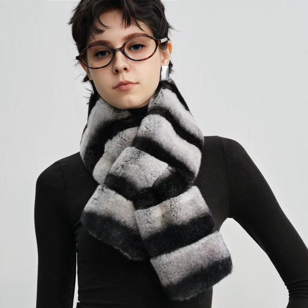 Faux Rex Rabbit Fur Striped Scarf
