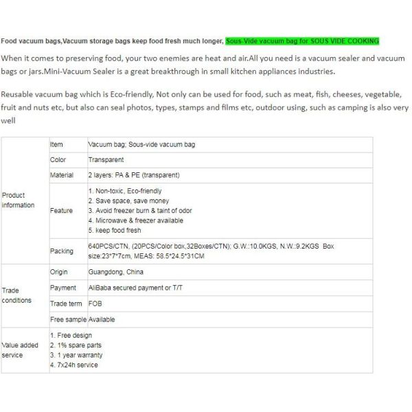 Disposable Transparent Vacuum Sealer Food Storage Plastic Packaging Roll Bag for Food Sealed, Textured Food Freshness St