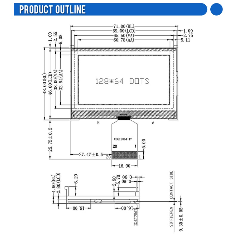 COG12864-17 Gray Film STN Material 65.5X38Mm 20 PIN I2C/SPI FFC Connection ST7567