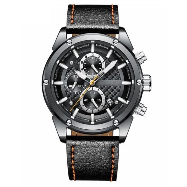 OEM Business Waterproof Men Watches Steel Buckle Three Eyes Six Stitches