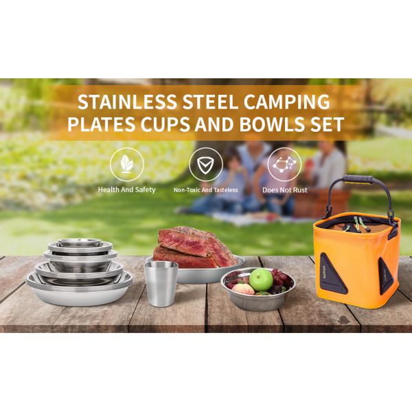 Stainless Steel Camping Plates Cups And Bowls Set. Camping Dish Set, Camping Mess Kits, Dinnerware Set