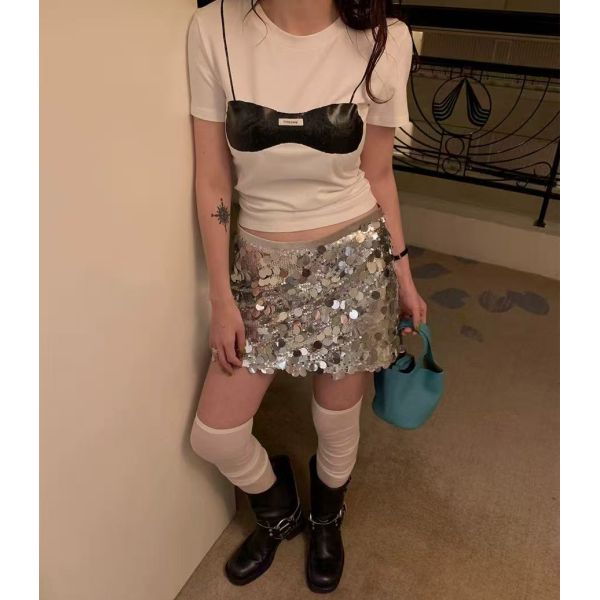 Edgy Oversized Sequin Mini Skirt - Bodycon Fit for Night Out Style (Silver / Black / Pink)