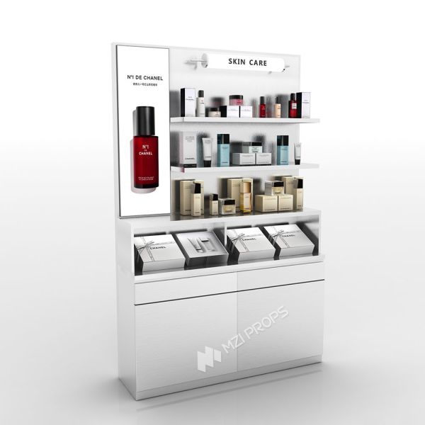 Gabinete de exhibición de cuidado de la piel gris plateado Estante de acero inoxidable de varias capas para diseño de interiores de tiendas minoristas