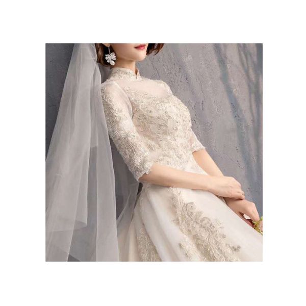 Fashion Off White Long Tail Wedding Dress With Half Sleeve And High Collar