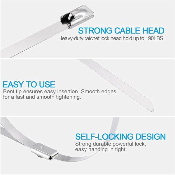 11.8inch White 304 Stainless Steel Cable Ties Self-locking Metal Zip Ties for Corrosion Resistant and Secure Wrap