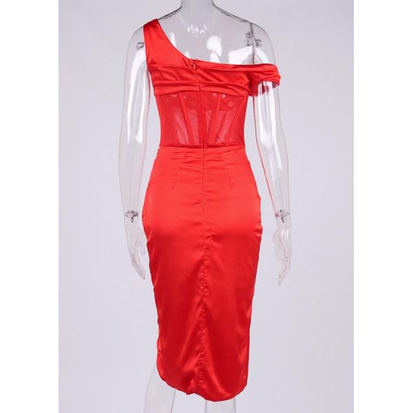 Женщины одно осени с косточки сатинировки плеча плиссировали среднее разрезанное платье