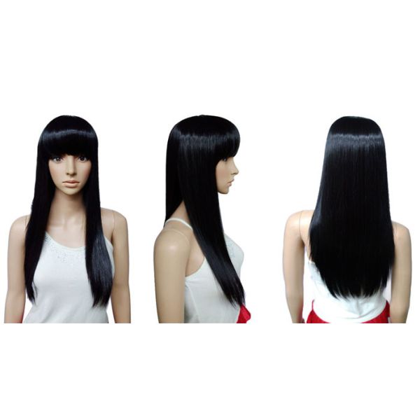 Soft Long High Temperature Fiber Black Hair Wigs With Bangs 16 Inches