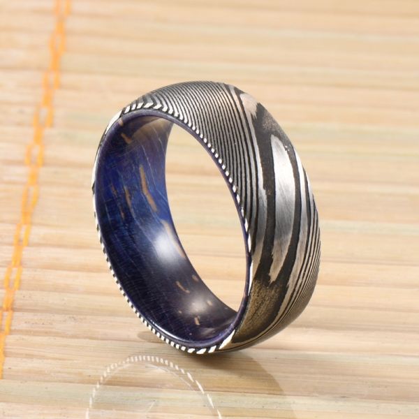 Sample Making 8mm Dome Latest Damascus Steel Ring With Blue Purple Wood Sleeve Inlay Wedding Engagement Men's Gift Party