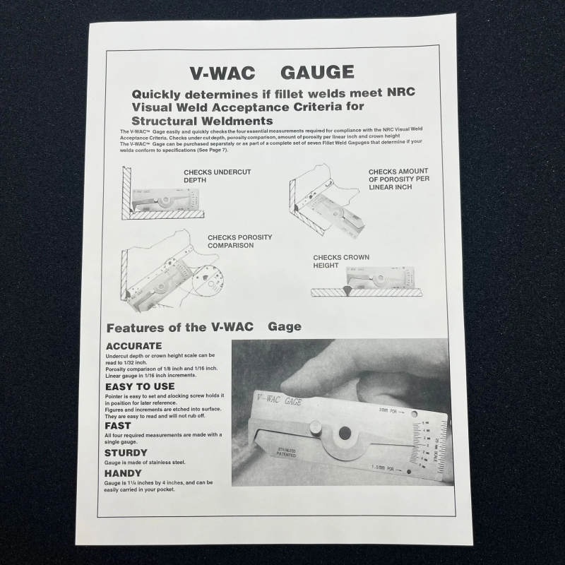 V-WAC Type Single Arm Fillet Stainless Steel Weld Gauge Metric & Inch Dual Scale