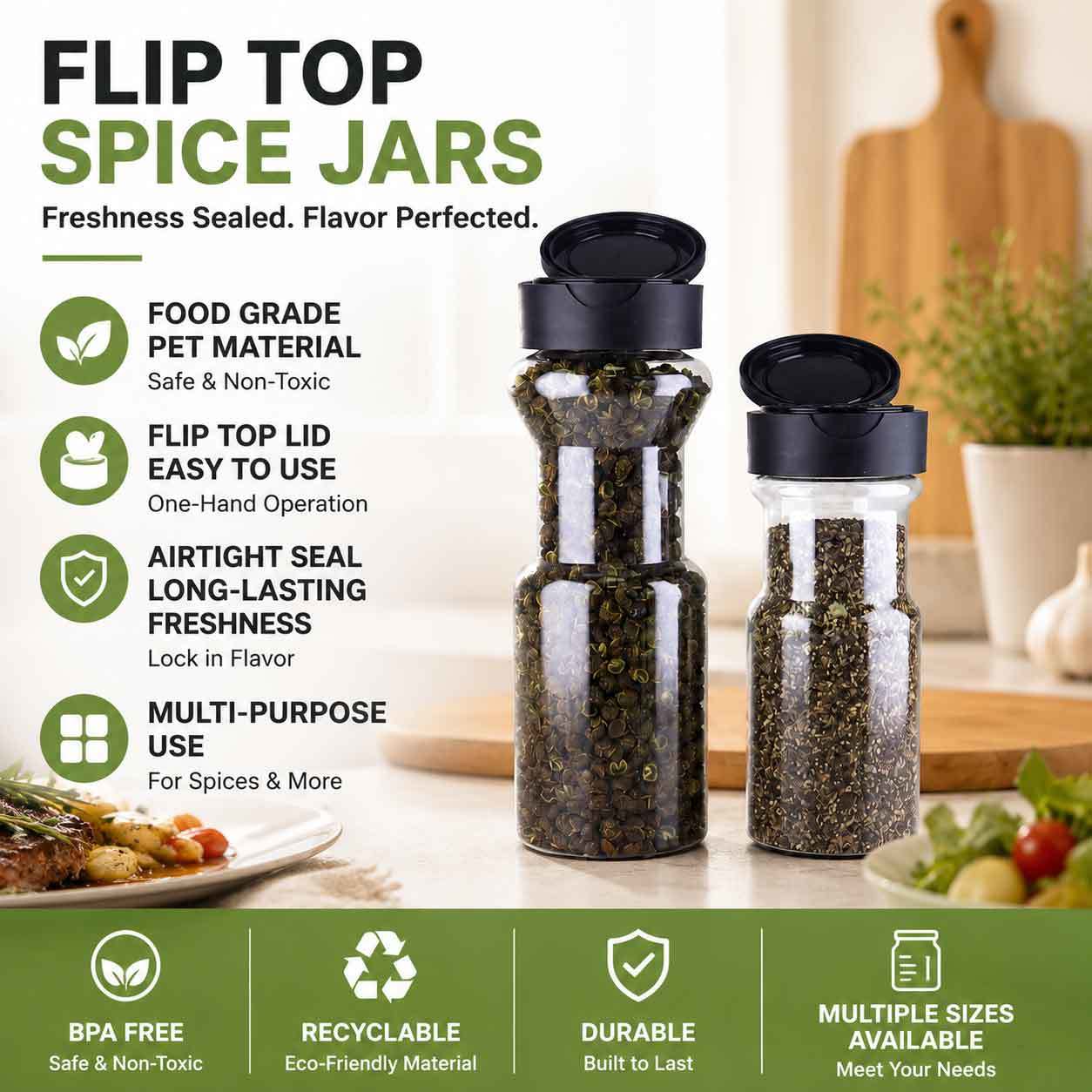 Wholesale Custom PET Spice Jars Clear PP Flip Top OEM Seasoning Bottles