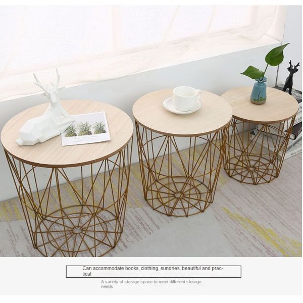 Modern Nightstand End Table Round Side Table Metal Mesh Base Wood Top Small Accent Coffee Table for Living Room Bedroom Office