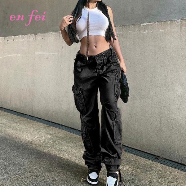 High Quality Vintage Low Waist Streetwear Wide Leg Cargo Pants With Pockets Straight Denim Jean Trousers for Women