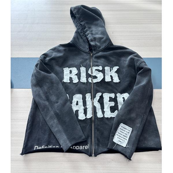 Peso pesado personalizado para hombres 400 gsm Vintage Acid Wash Zip Up Hoodie con parche de bordado