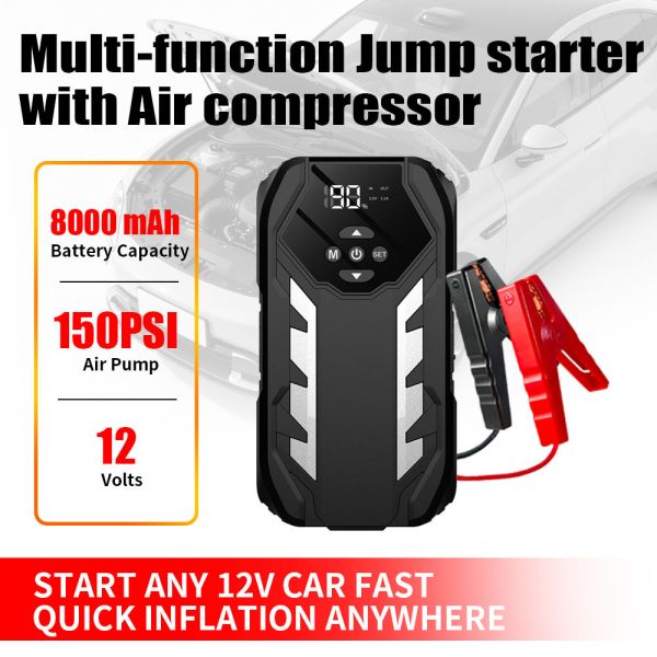 8000mAh 12V Vehicle Battery Jump Starter with Tire Inflator and Air Compressor Kit