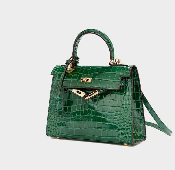 One Shoulder Womens Leather Bag Metal Lock Green Quilted Handbag