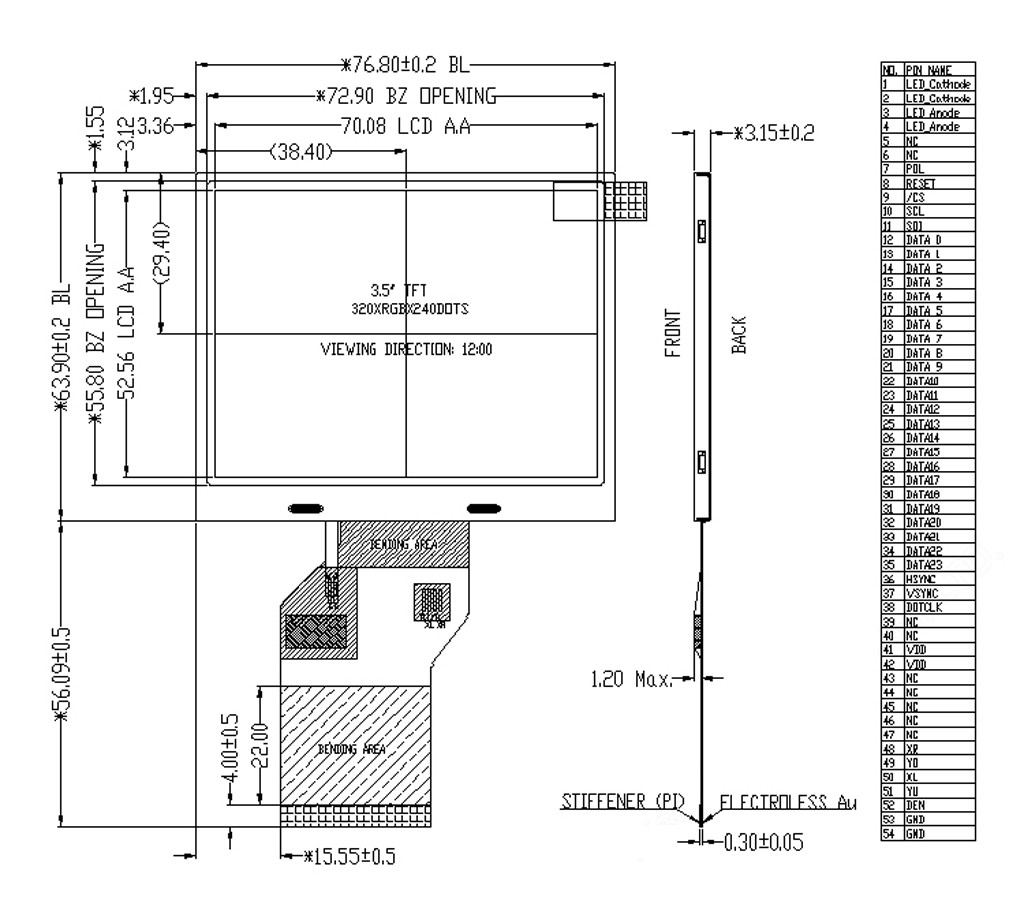 3.5 дюймовый 900cd/M2 LCD TFT дисплей, разрешение 320x240, 54 пин 24 битный RGB интерфейс