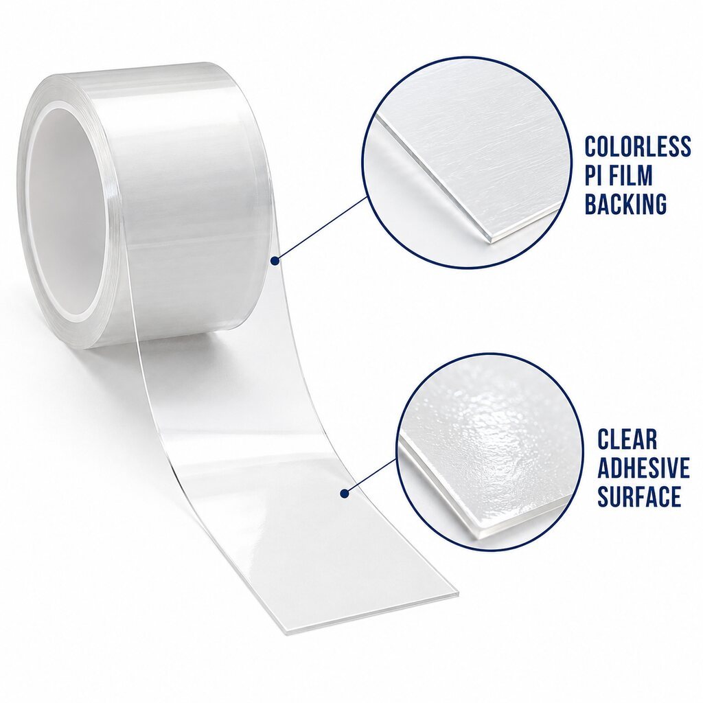 Transparent Polyimide Tape (Colorless PI Tape / CPI Film Tape / Clear Heat-Resistant Tape) – Silicone or Acrylic Adhesive for Displays, Cameras, FPC & Semiconductor Labels