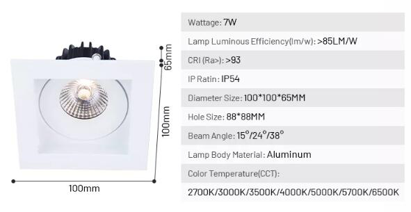 Квадрат формирует анти- УДАР Downlight СИД слепимости 7W с регулируемым углом пучка