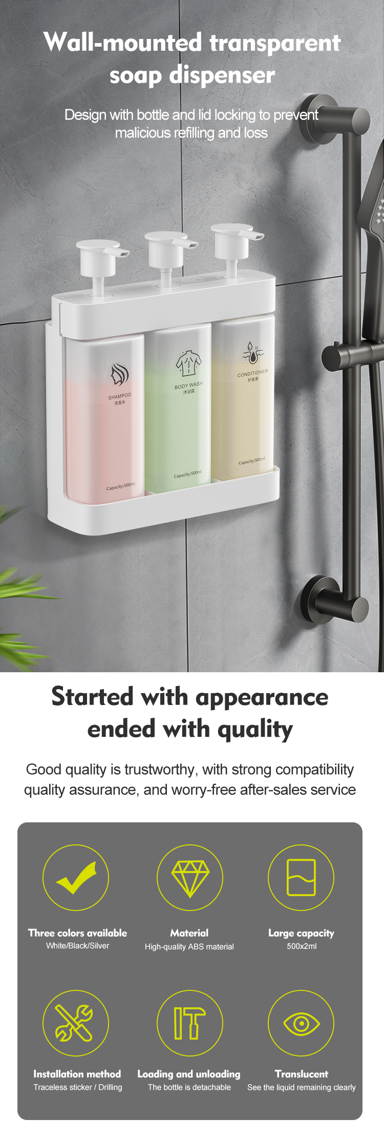 Wall Mounted Triple Pump Manual Soap Dispenser with Key Lock for Hotel Bathroom