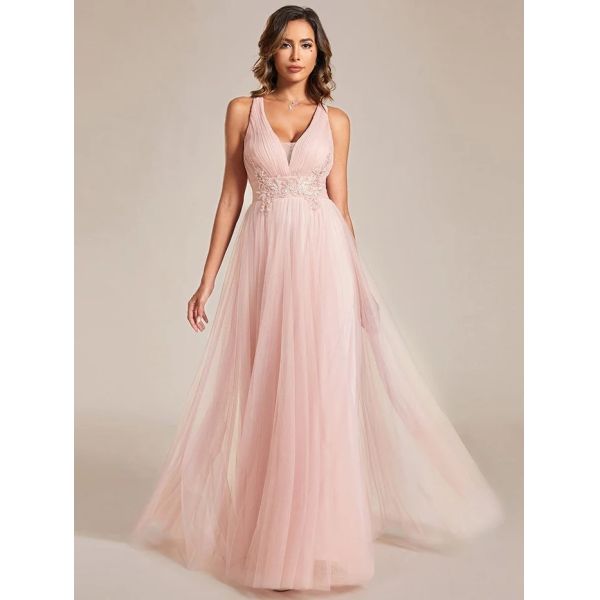 Charming Empire Beaded Sleeveless V-neck Ruffled Spaghetti Strap A-line Pink Tulle Evening Dress