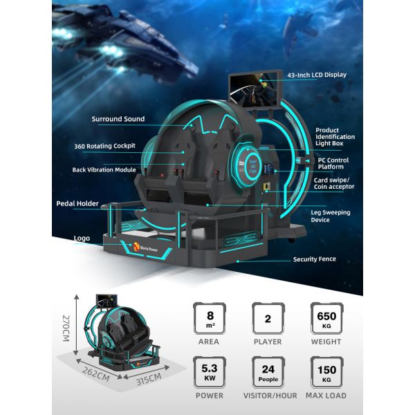 Умный контроль VR 360 Летающий кинотеатр 2 места 9D VR Мотоциклетный симулятор