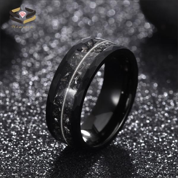 Mens Black Tungsten Meteorite Inlay Wedding Band 8mm With Geometric Diamond Shape And Guitar String Design
