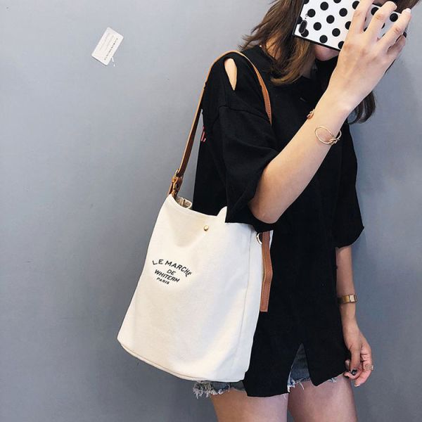 Supermarket Custom Logo Cotton Canvas Tote Shoulder Bags with Brown Leather Handles
