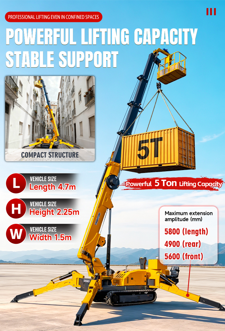 HTSC5.0 5T Lifting Capacity Spider Crane Continuous Rotation With 17m Maximum Lift