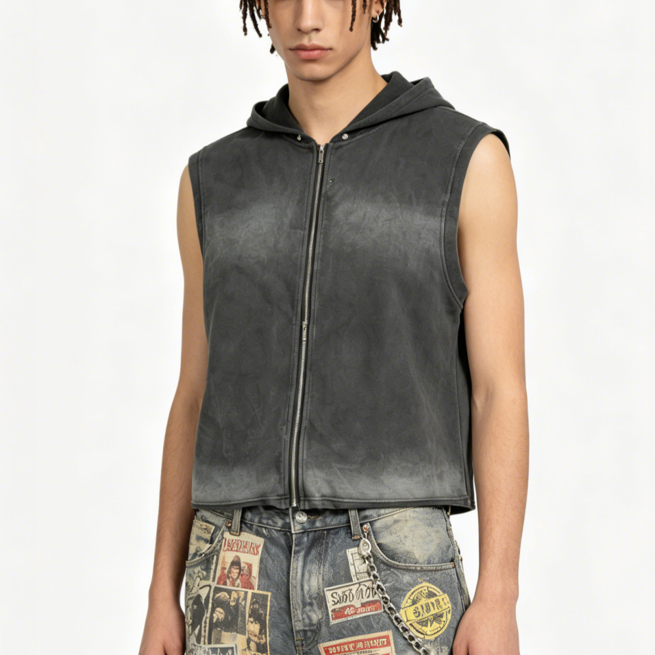 Men’s Vintage Washed Hooded Vest 240G Oversized Sleeveless Streetwear Zip-Up Jacket