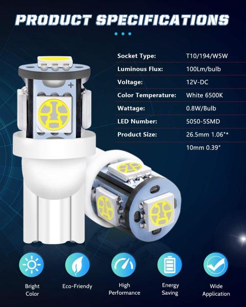 194 Automotive LED Light Bulbs 6500K Wedge T10 SMD 5050 Chips