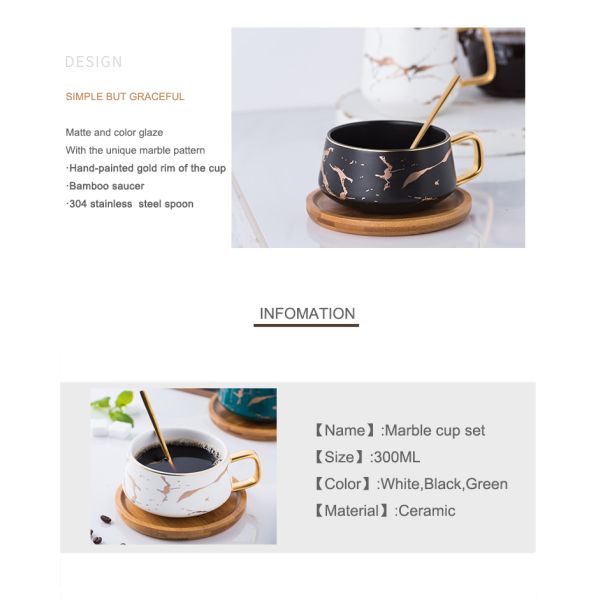 Wedding Gift bamboo saucer white gold marble turkish coffee set coffee cup and saucer ceramic set