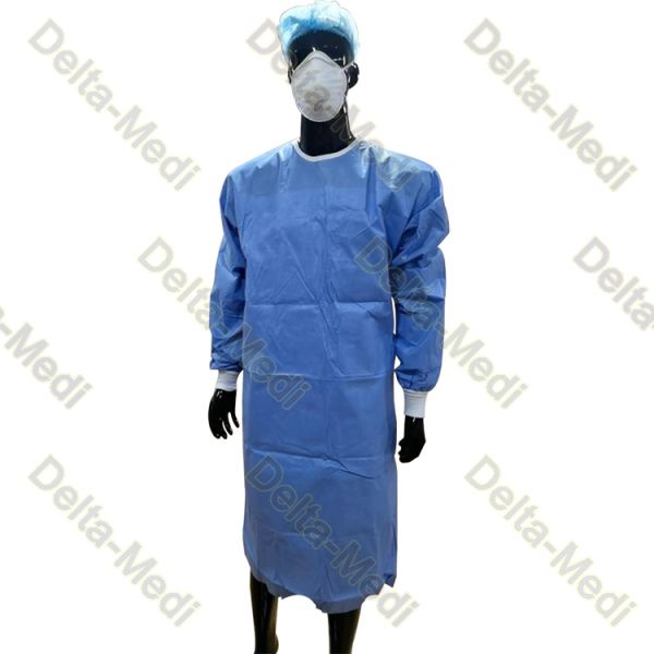 PP SMS Velcro Neck Knitted Cuff Disposable Surgical Gown Reinforced At Half Sleeves