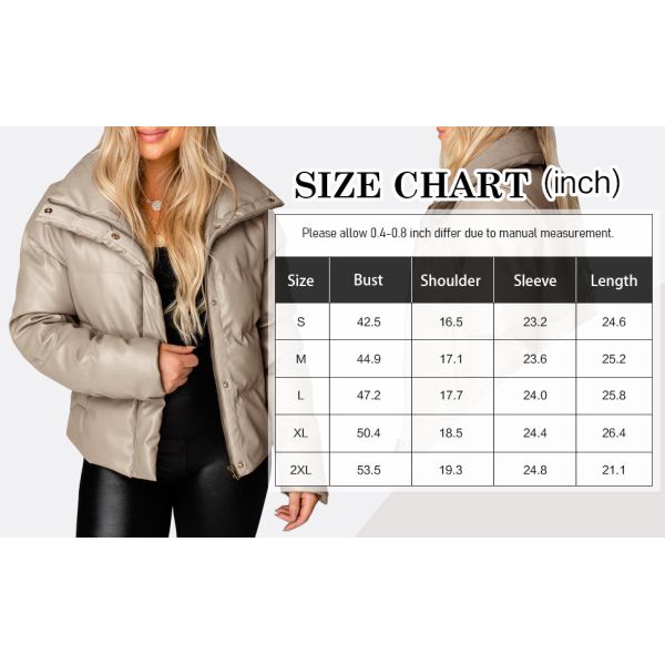 Zip Up Faux Leather Puffer Winter Down Jackets Zipper Closure