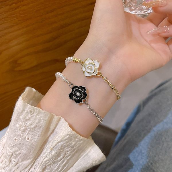 2025 Fashion Camellia Style Jewelry Bracelet Pearl Gold Plating Stainless Steel Chains Gift Party Bangle