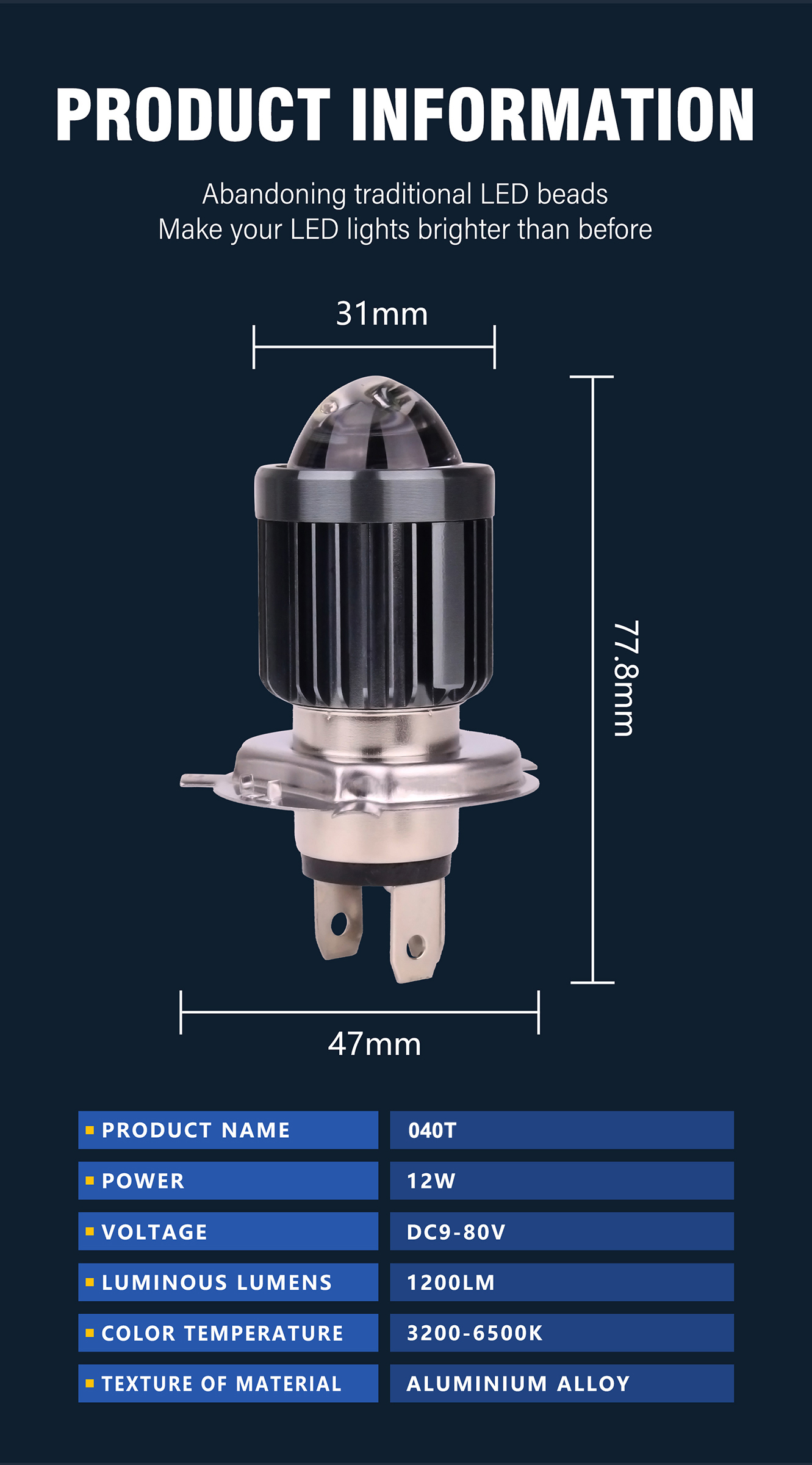 9V - 80V Motorcycle Bulb 1200LM Motorbike LED Bulbs Smart Temperature Control