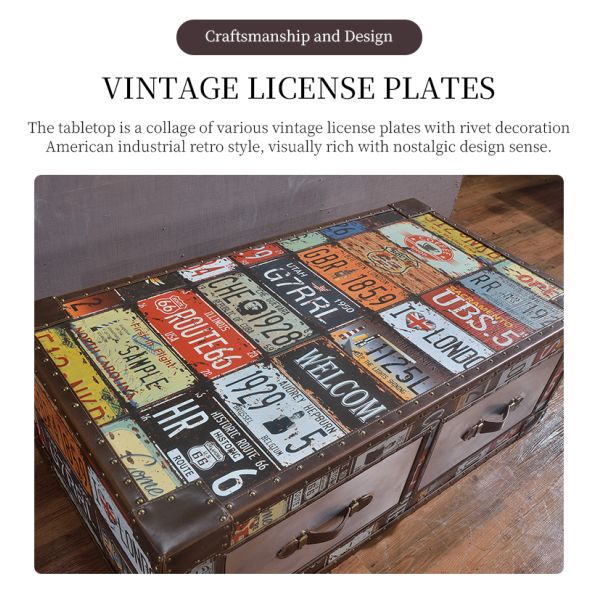 Nidea #8653 Handcrafted Durable Multi-purpose Vintage Wood Living Room Cabinet Retro License Plate Design Featuring Two Drawers