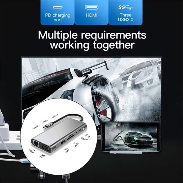 USB C Hub Type-C To USB 3.0 HDMI VGA RJ45 Lan SD TF Audio USB Grey Multiport Adapter