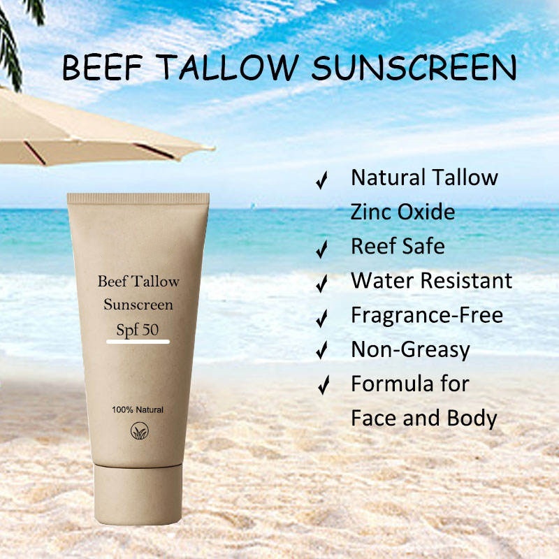 OEM ODM Brand Customized Sunscreen Natural Grass Food Fresh Beef Fat Halal Zinc Sunscreen Mineral Spf 50 Sunscreen Sunscreen