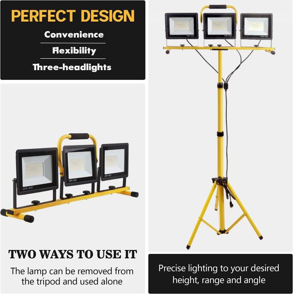 Adjustable Folding Tripod Stand IP66 Waterproof Work Light with 3 SMD Bulb Heads and Independent Switch