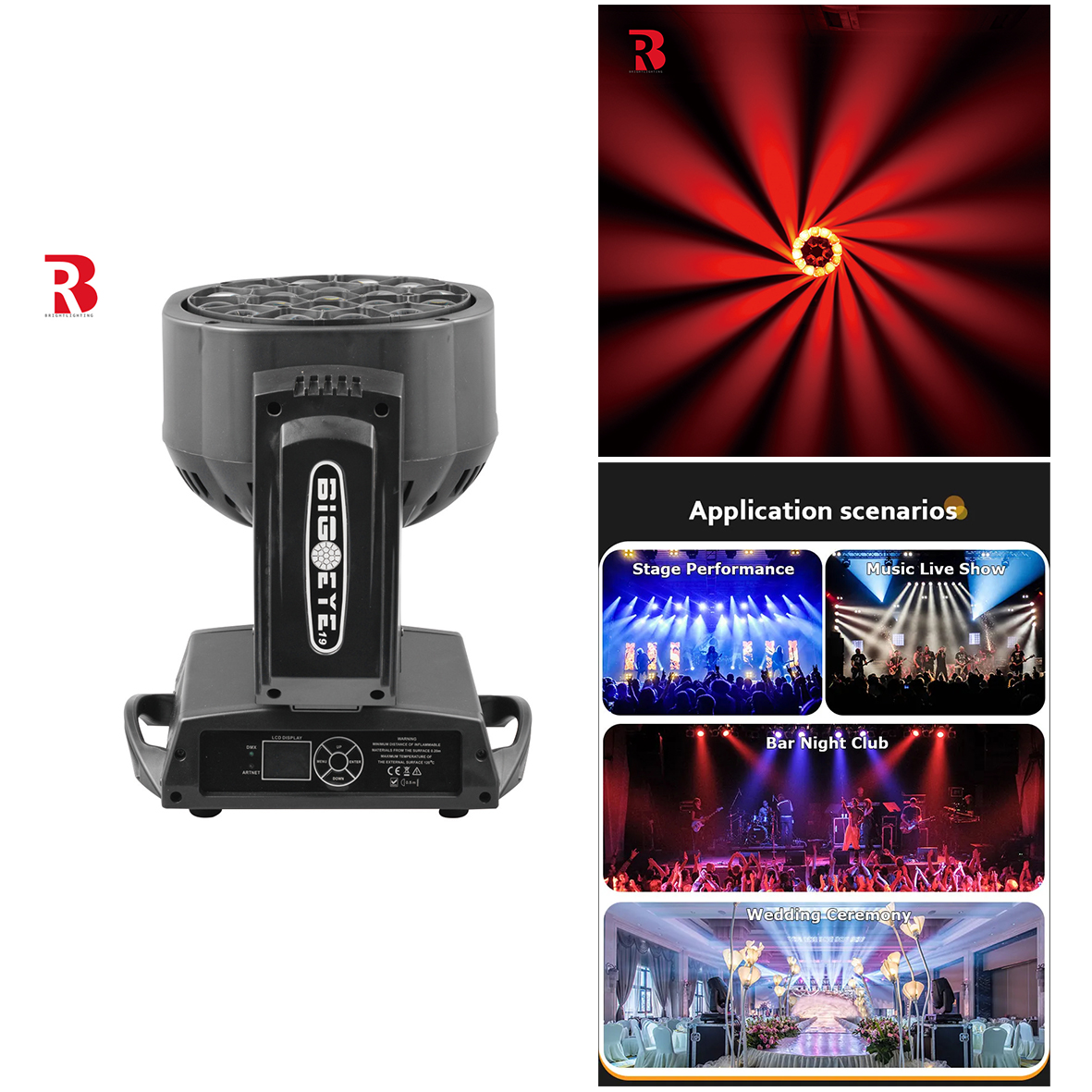 4 в 1 Bee Eye 19x15w Движущаяся голова Светодиод LCD Цветный дисплей для свадьбы