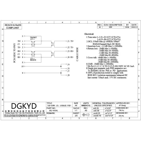 Panel Mount Single Port PoE RJ45 Ethernet Connector with 10/100base-T transformer
