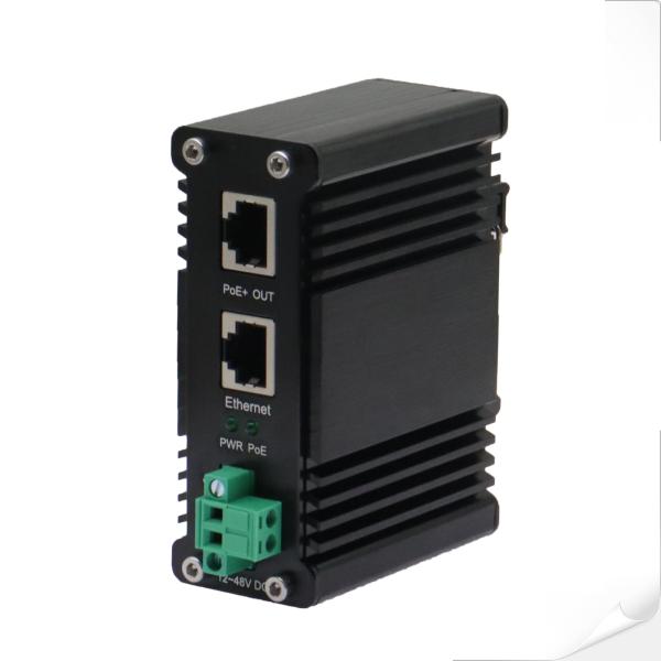 IEEE 802.3 at 準拠の耐環境ギガビットPoEインジェクター、12～48VDC入力、100m以上の距離