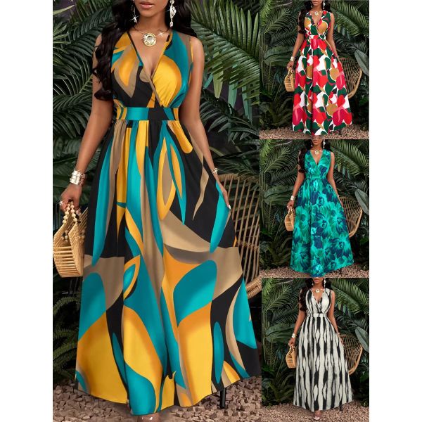 Tropical Print V-Neck Maxi Dress with Twisted Knit Waist for Women – Summer and Fall Long Dress